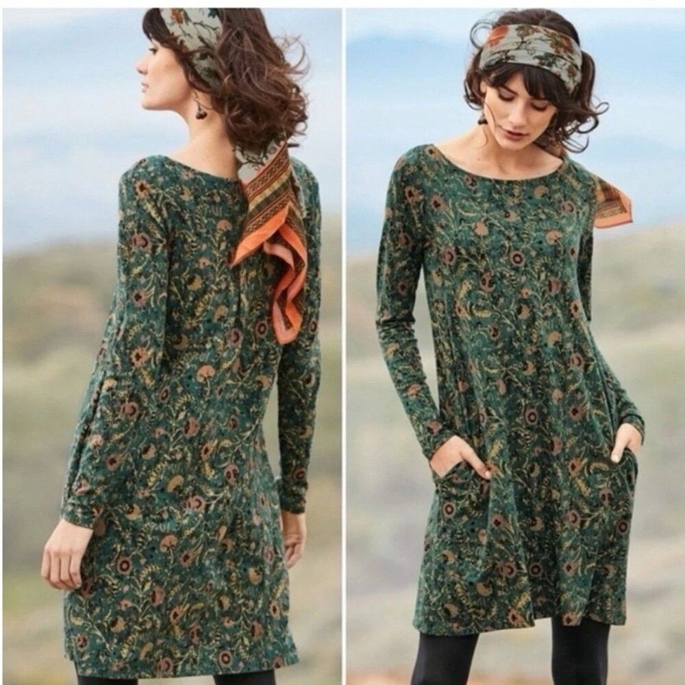 PERUVIAN CONNECTION Dress Moss Green Pink Floral Print Long Sleeve Jersey Size S